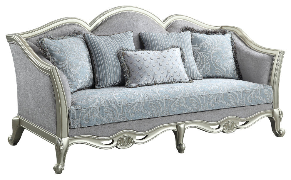 ACME Qunsia Sofa With 5 Pillows, Light Gray Linen and Champagne Finish