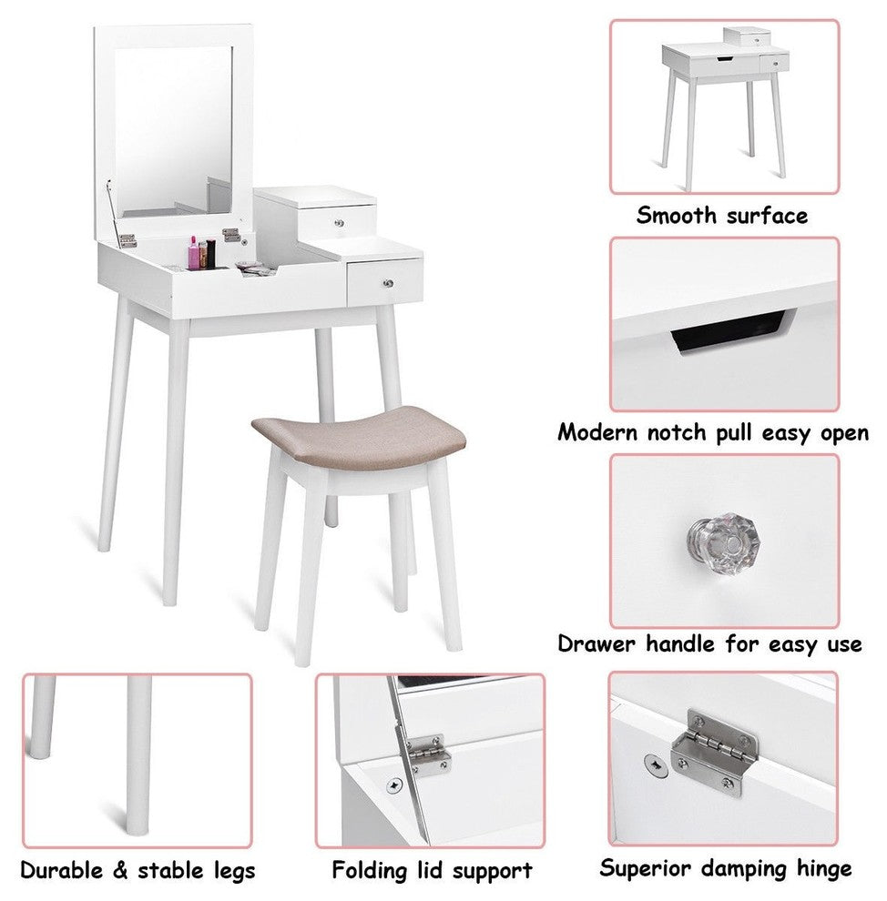 Elegant Vanity Dressing Table Set Flip Mirror Desk Furniture Stool