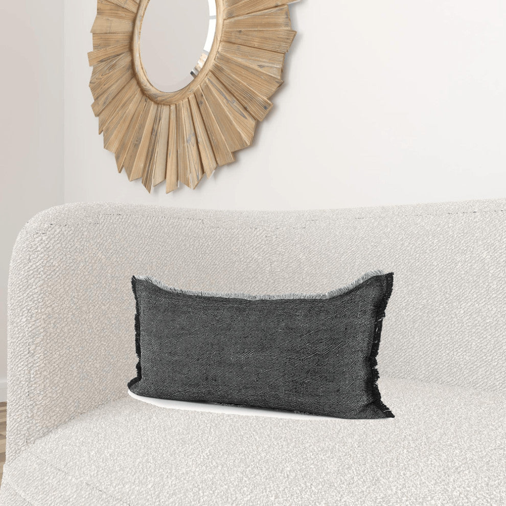 Dark Gray Fringed Lumbar Throw Pillow Cover