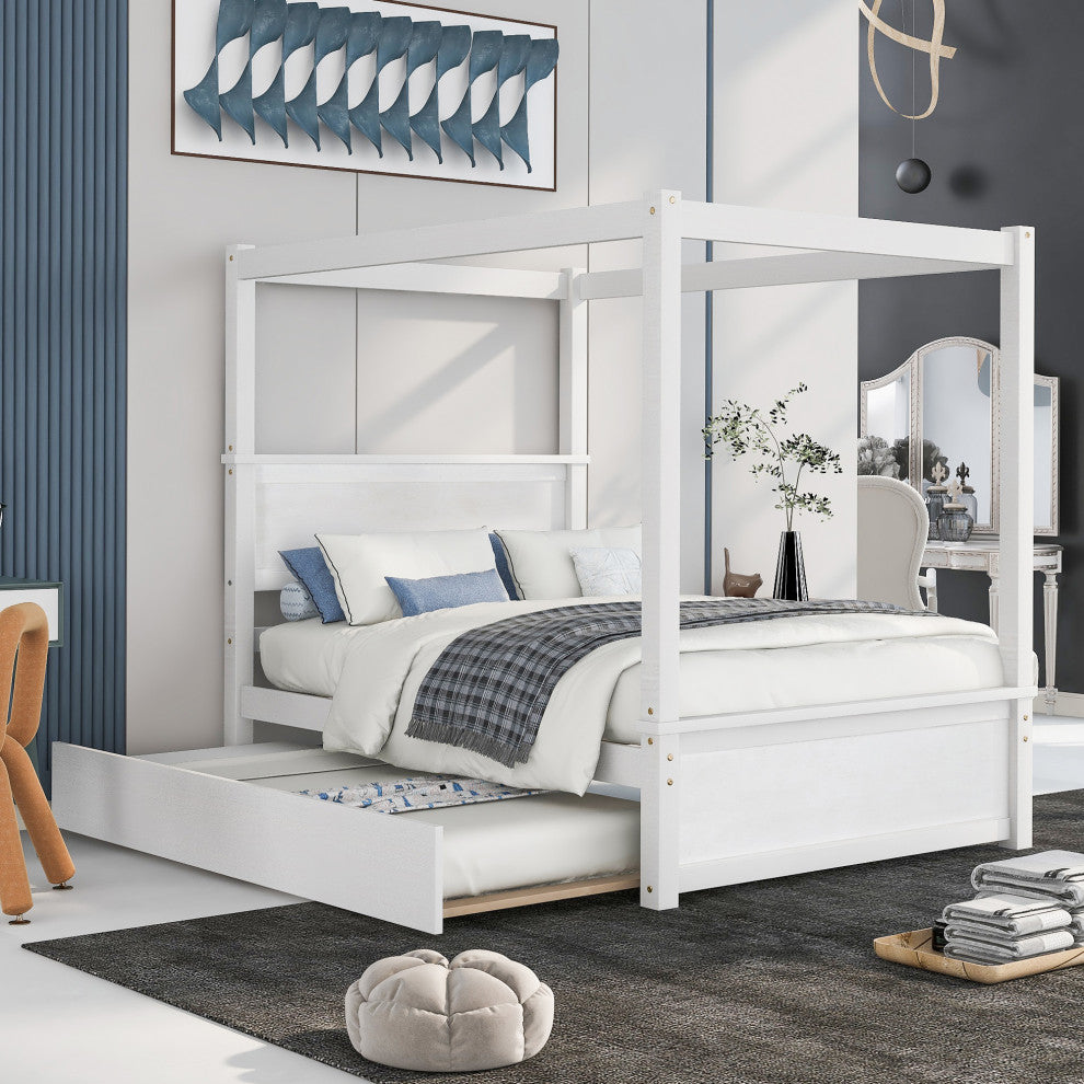 Full Wood Frame Canopy Platform bed with Trundle Bed, White, Full
