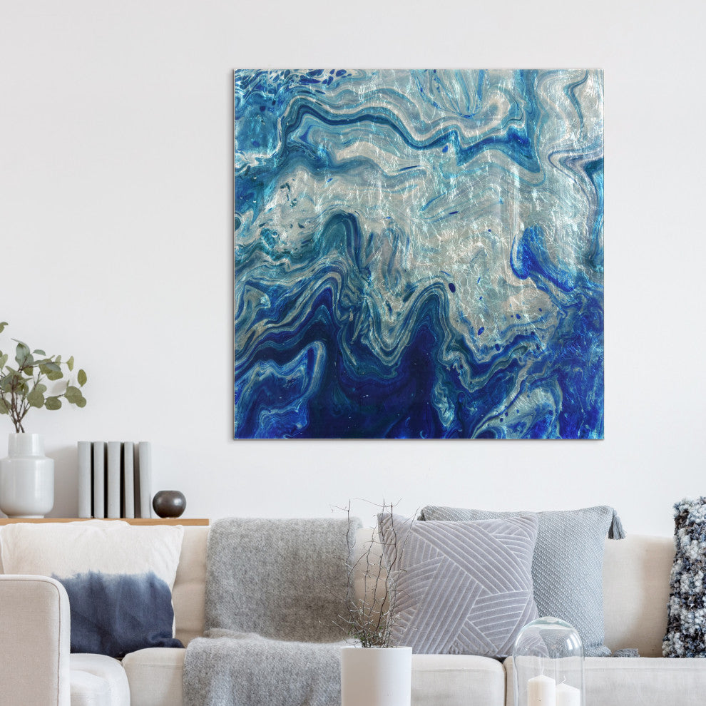 Indigo Minerals Abstract Wall Art Reverse Print Tempered Glass With Silver Leaf