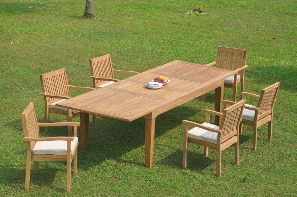7-Piece Outdoor Teak Dining Set: 122" Rectangle Table, 6 Lev Stacking Arm Chairs