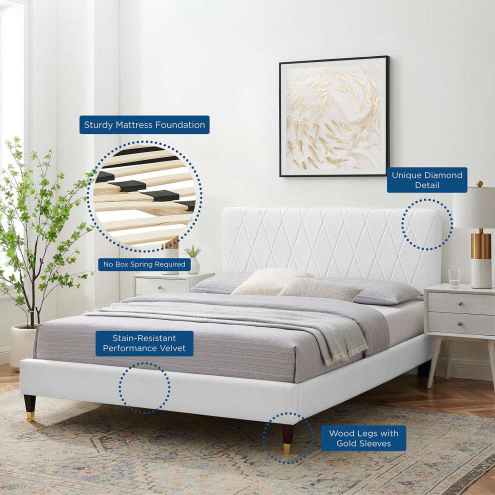 Platform Bed Frame, Full Size, Velvet, White, Modern Contemporary, Bedroom