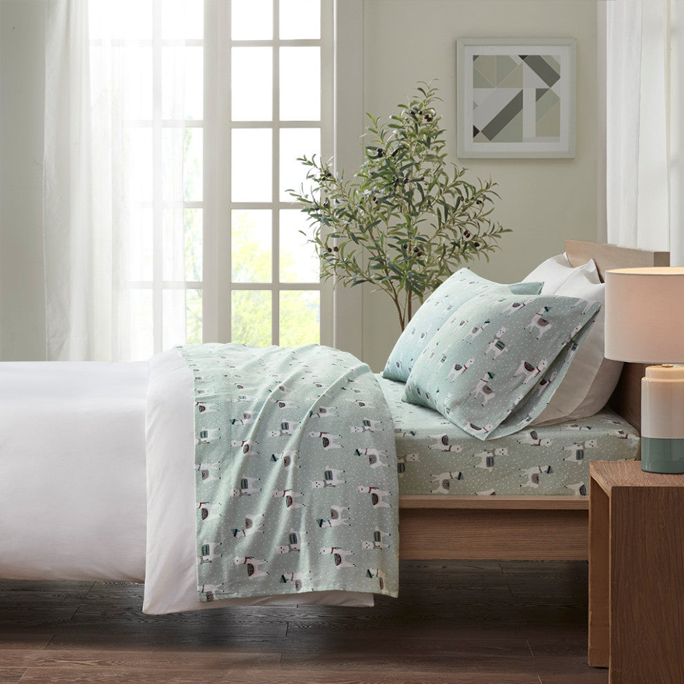 True North by Sleep Philosophy Cotton Flannel Kids Sheet Set, Green Llamas