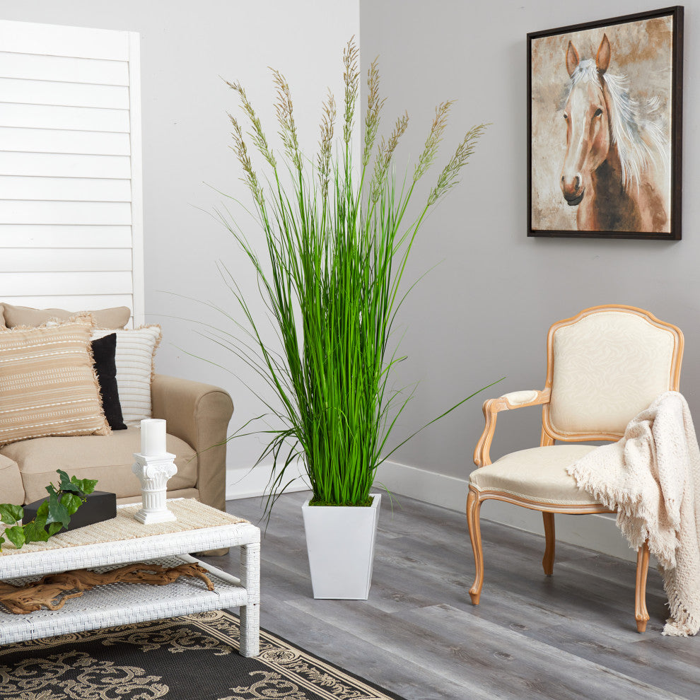 75" Grass Artificial Plant, White Metal Planter