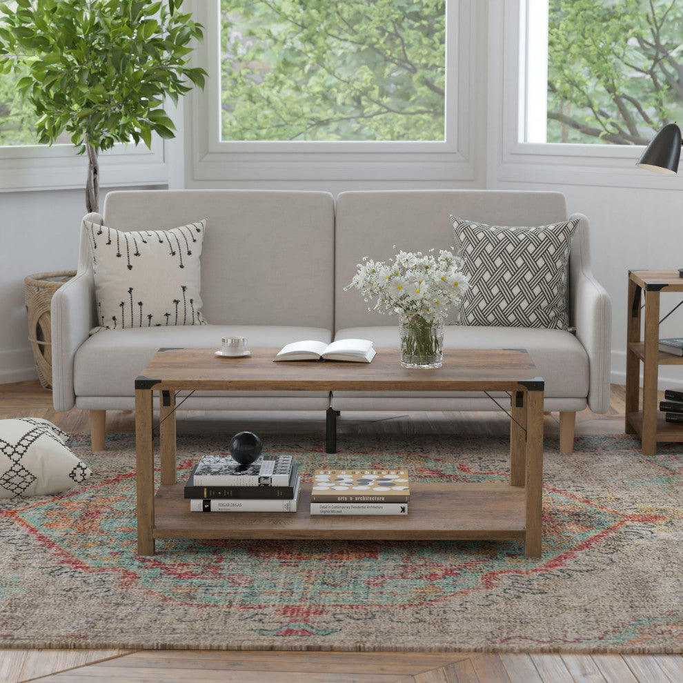 Wyatt Modern Farmhouse Wooden 2 Tier Coffee Table, Rustic Oak
