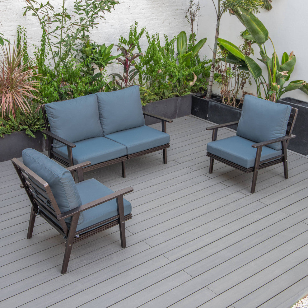 LeisureMod Walbrooke 3-Piece Patio Set With Brown Aluminum Frame and Cushions, Navy Blue