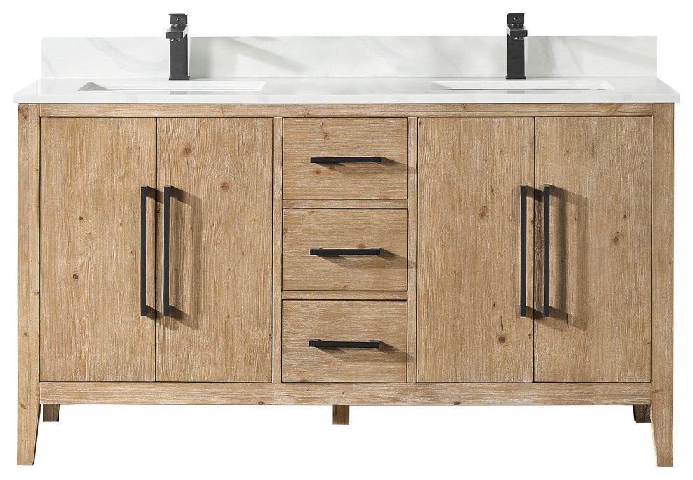 Laurel Bathroom Vanity with Calacatta White Quartz Stone Countertop, Weathered Fir, 60", Without Mirror