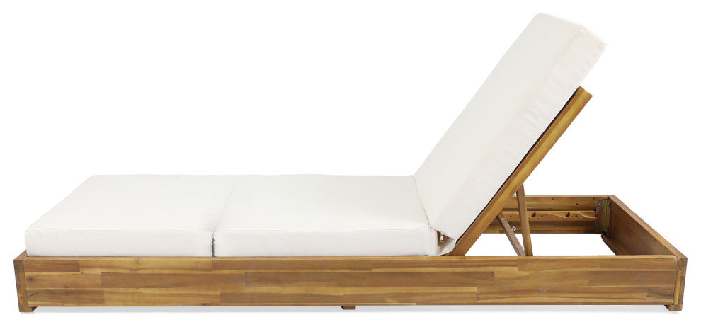GDF Studio Acacia Wood Chaise Lounge & Foldable Cushion Set, Sandblast Teak/Cream, Set of 2