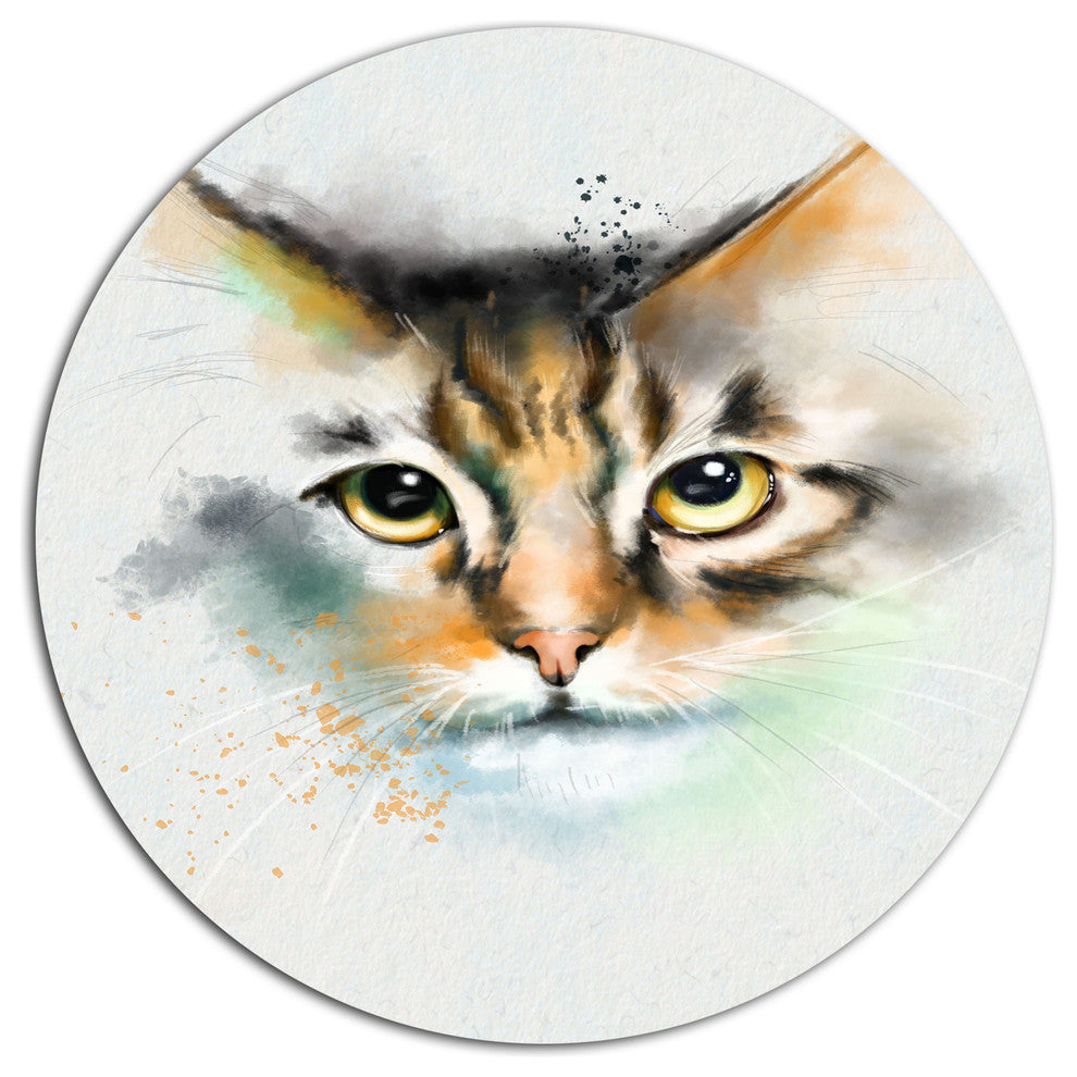 Strong Look Of Cat Watercolor Sketch, Animal Round Metal Wall Art, 36"