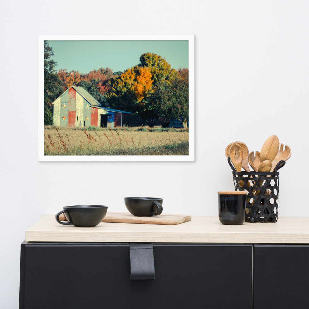 Patriotic Weathered Barn in Field Cross Processed Framed Photo Wall Art Prints, White, 16" X 20"