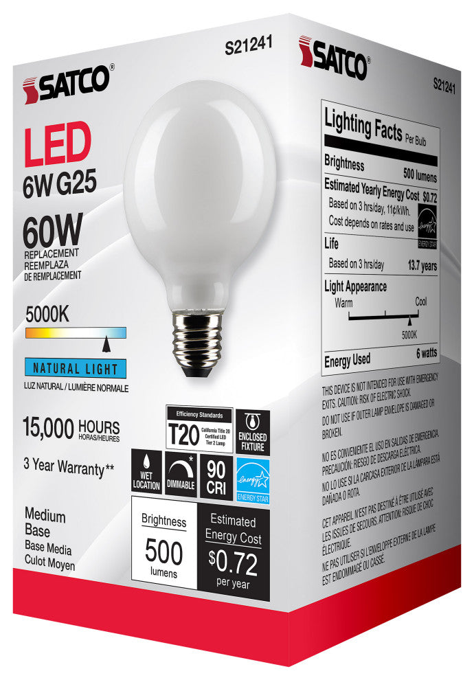 6W G25 LED, White, Medium Base, 90 CRI, 5000K, 120V