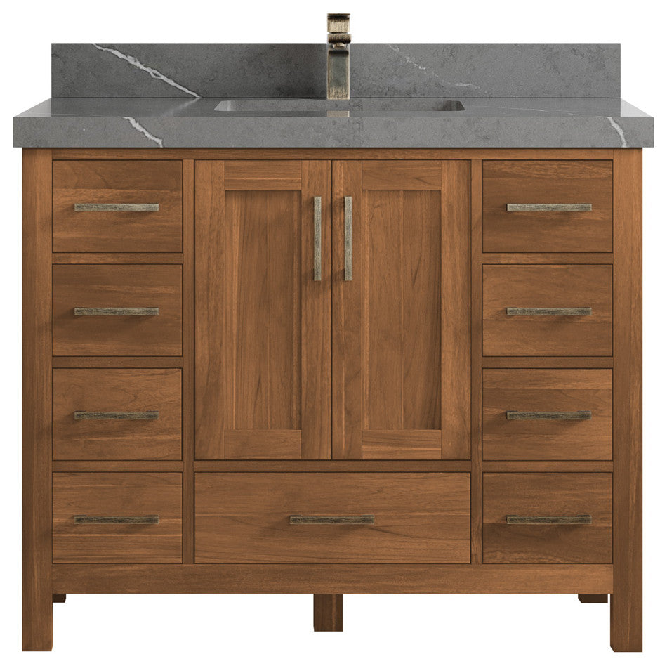 Malibu Teak 42 Single Sink Bath Vanity in Golden Teak 2" Piatra Gray