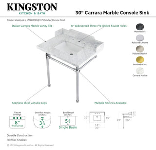 Kingston Brass LMS30M8SQ6ST 30" Carrara Marble Console Sink, Legs