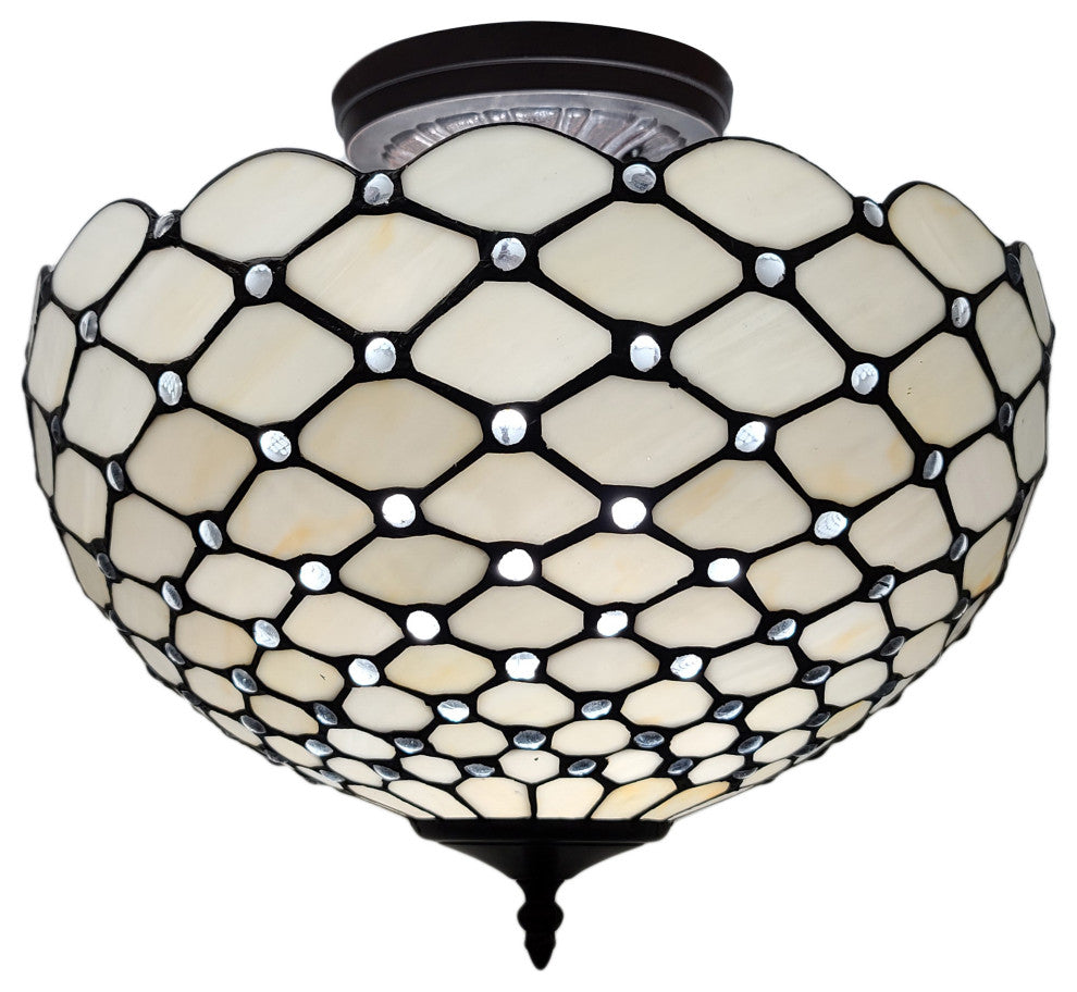 Tiffany Style 2 Light Impearled Semi-Flush Ceiling Lamp, 16" Wide