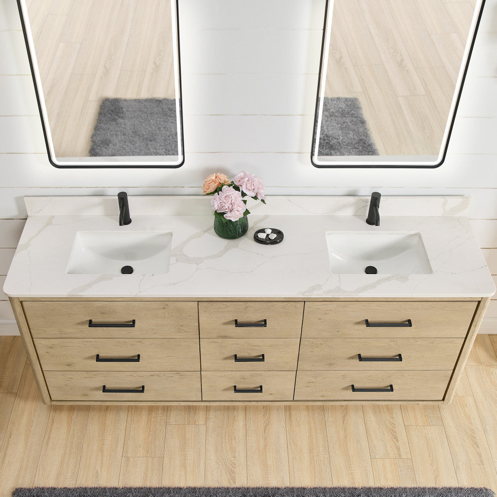 Porto Bath Vanity with White Quartz Stone Top, Natural Oak, 84 in., No Mirror