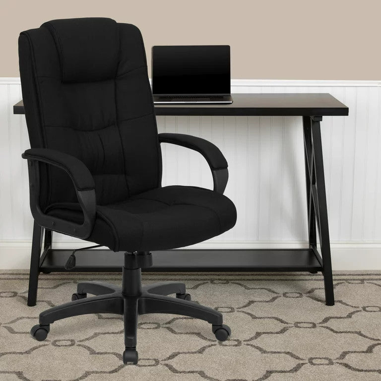 Comfortable Office Chair, Adjustable Seat With Padded Arms, Black Fabric