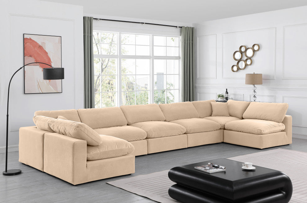 Comfy Upholstered U-Shaped Modular Sectional, Beige, 7-Piece: 5 Armless Chair, 2 Corner Chair, Velvet