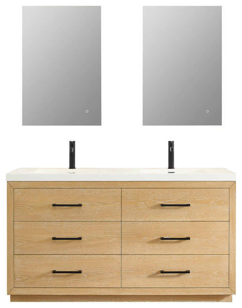 Sigrid Bathroom Vanity, White Oak, 60", With Mirror