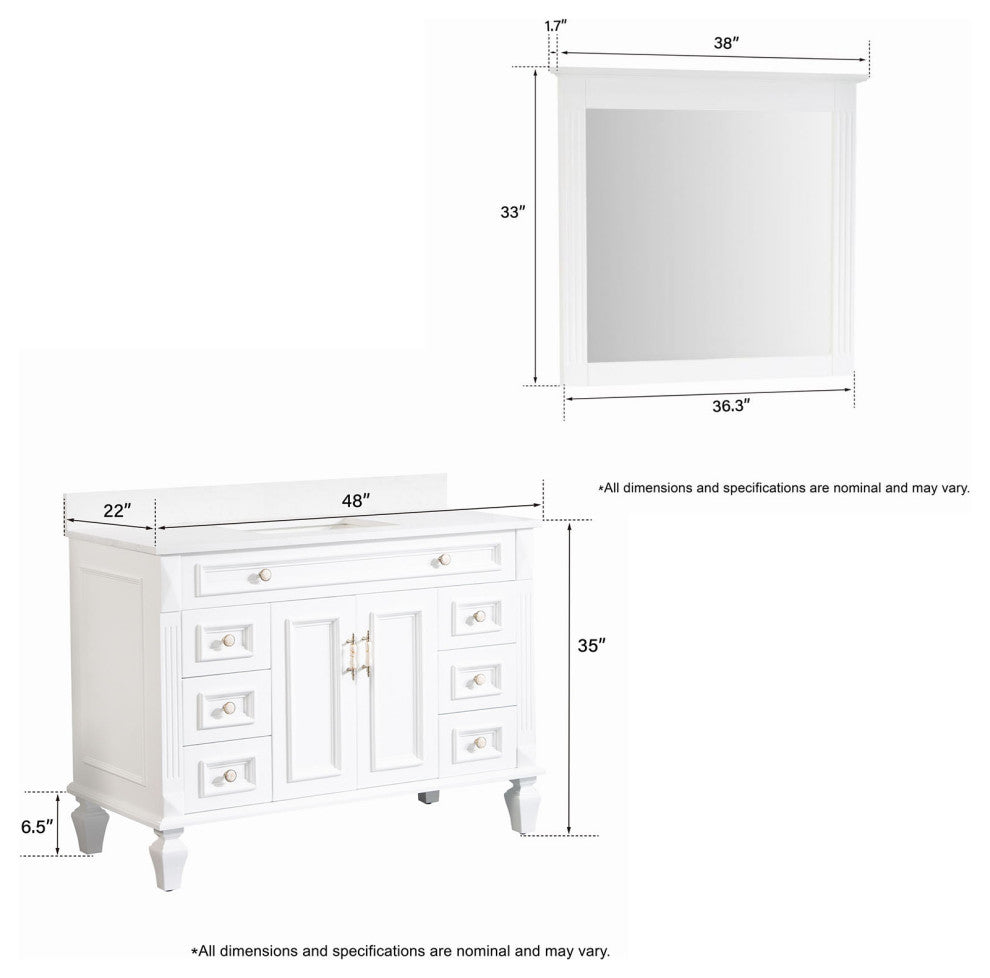 48 Inch Bathroom Vanity Set with 38 Inch Mirror, Quartz Top, cUPC Certified Sink, White