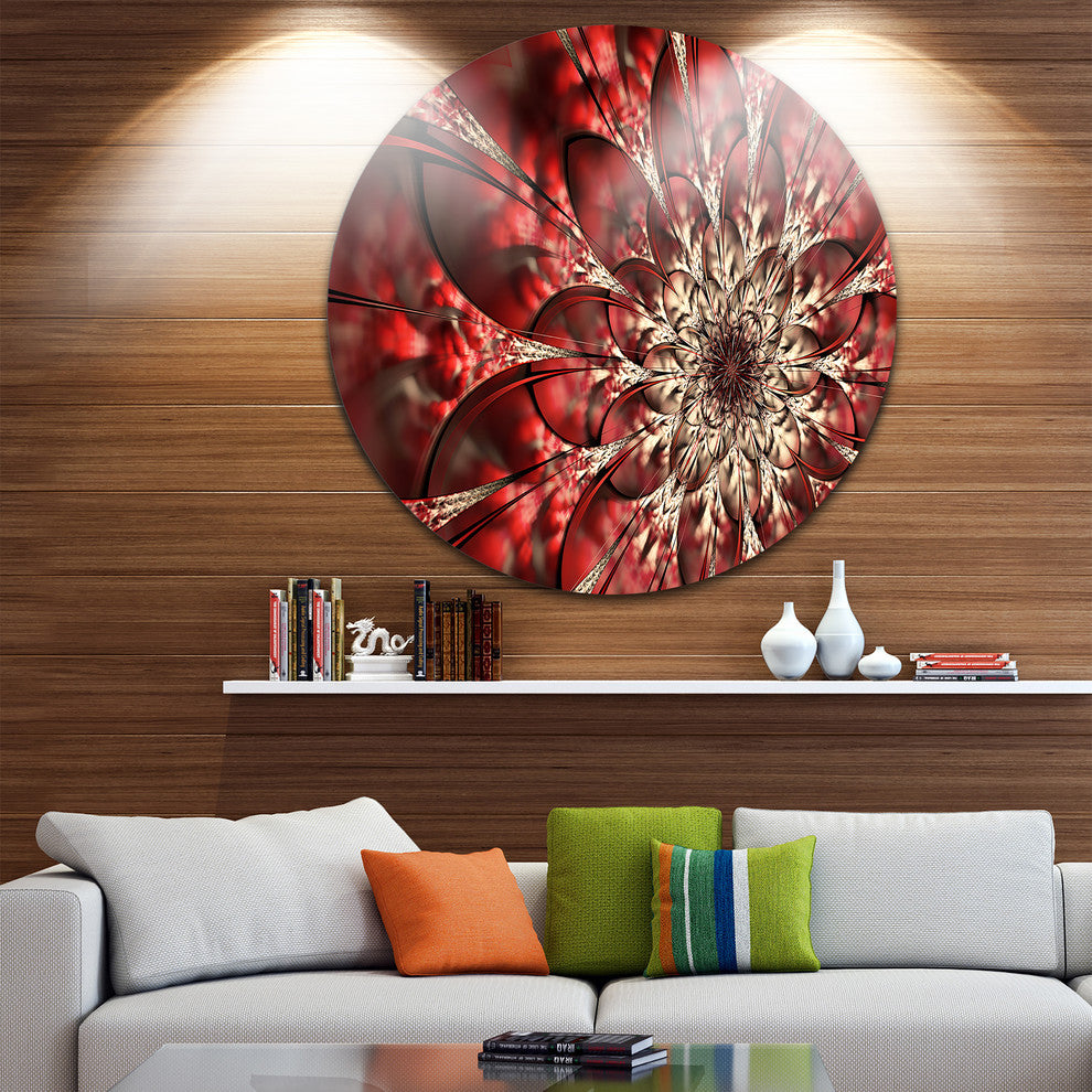Red Symmetrical Flowers Pattern, Floral Round Wall Art, 23"