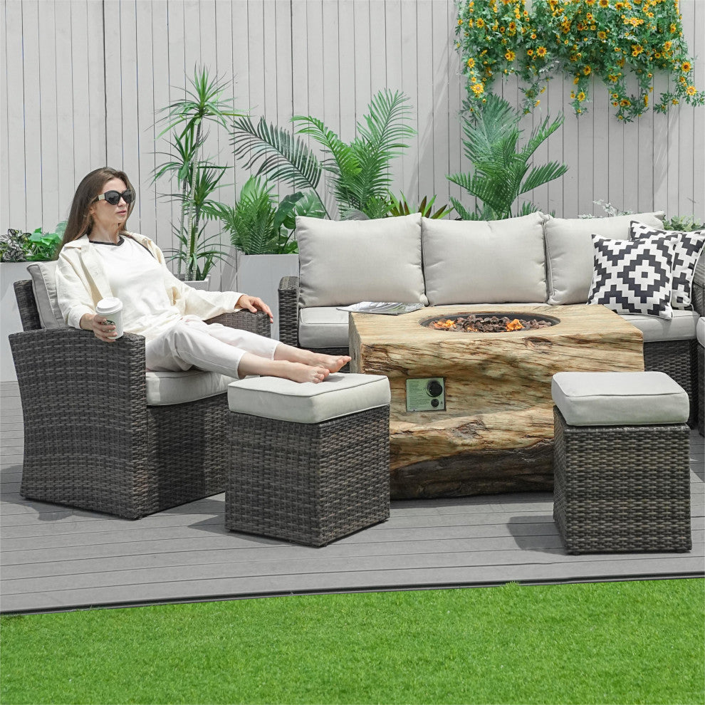 7-piece Patio Wicker Garden Chat Sofa Set with Fire pit and Storage Box, Rectangle