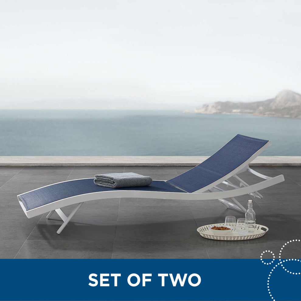 Lounge Chair Chaise, Set of 2, Aluminum, Metal, White Blue Navy, Modern, Outdoor