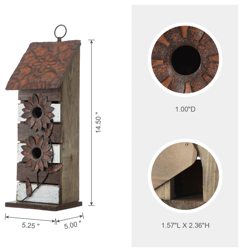 14.5"H Brown/White Two-Tiered Distressed Solid Wood Birdhouse