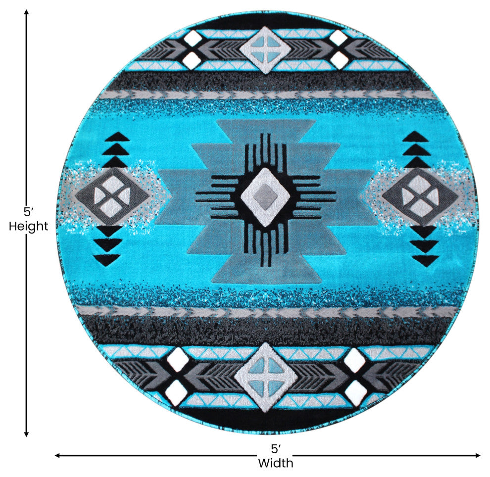 Angie Collection Round 5' x 5' Turquoise Traditional Southwestern Style Area Rug