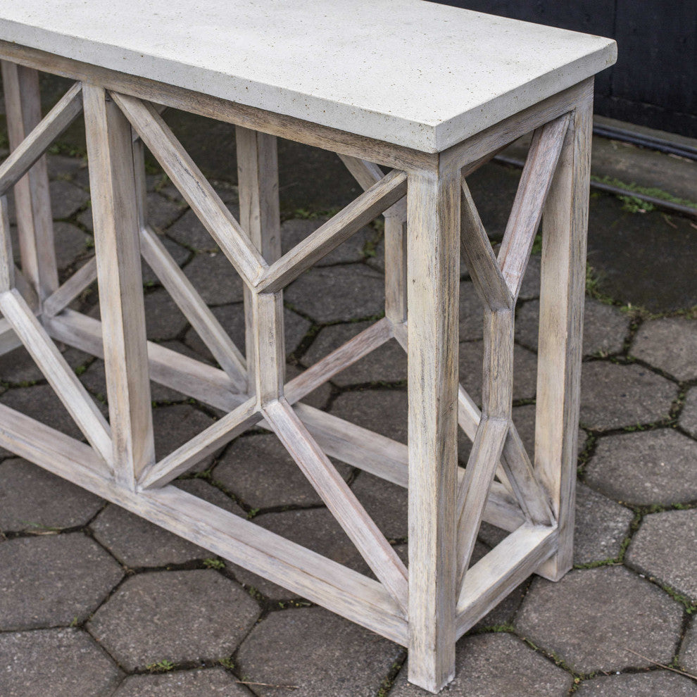 Open Light Weathered Wood Console Table, Stone Top X Natural