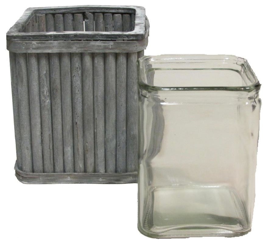 Grey Washed Tall Square Wood  W/ Glass Vase