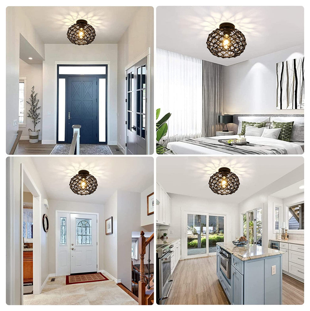 Rattan Semi Flush Mount Ceiling Light Basket Woven Wicker Boho Ceiling Lamp