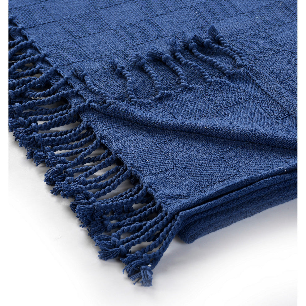 Checkered Weave Throw Blanket with Fringe, Navy Blue