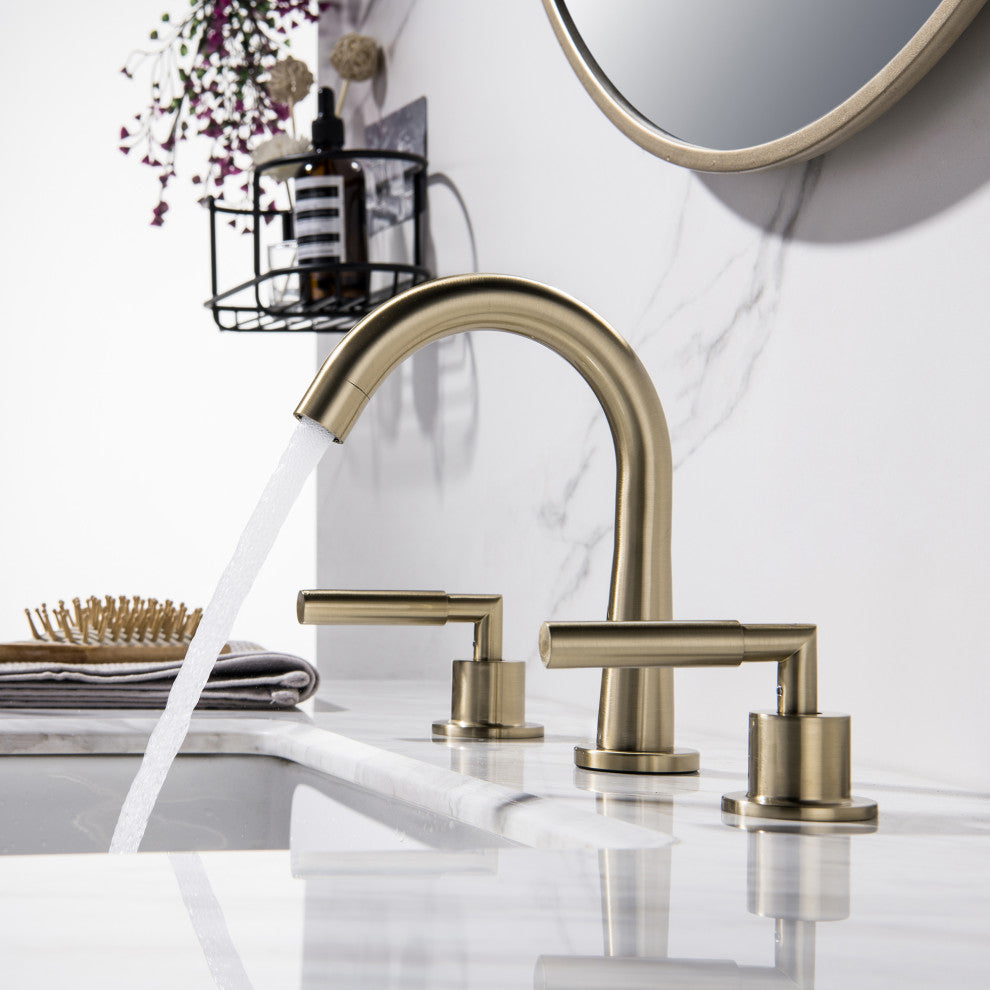 Deck Mounted Dual Handles High-Arc Widespread Bathroom Faucet, Brushed Gold