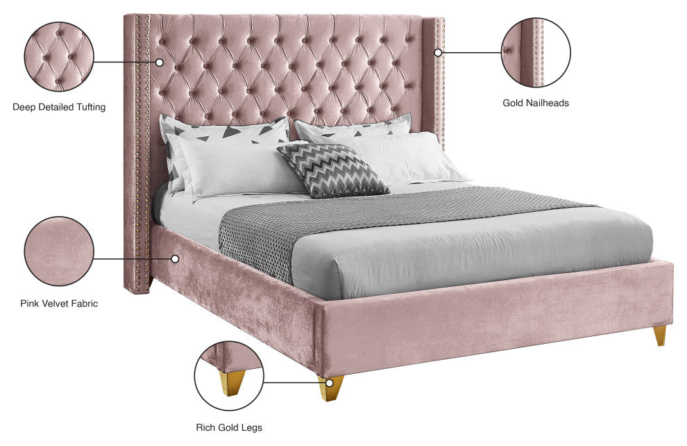 Barolo Velvet Upholstered Bed, Pink, Full