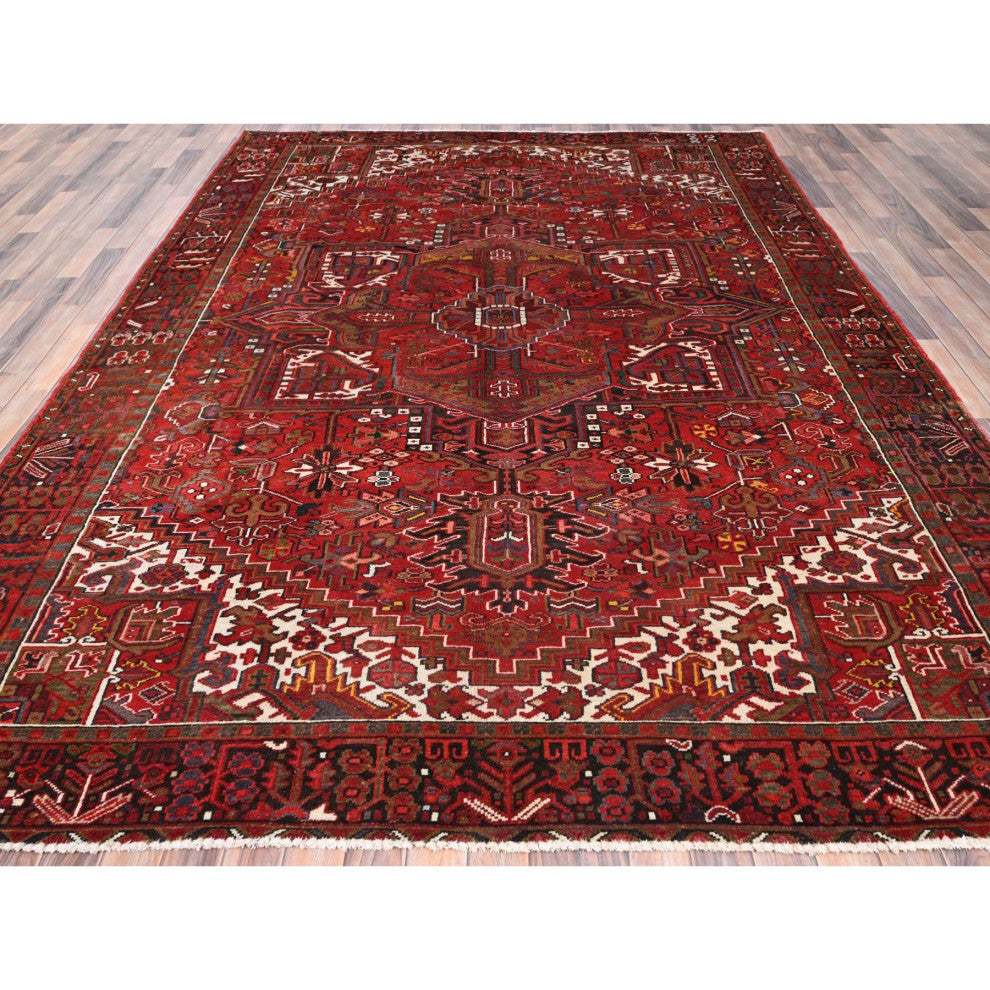 Imperial Red Semi Antique Persian Heriz Worn Wool Hand Knotted Rug 8'2"x11'3"