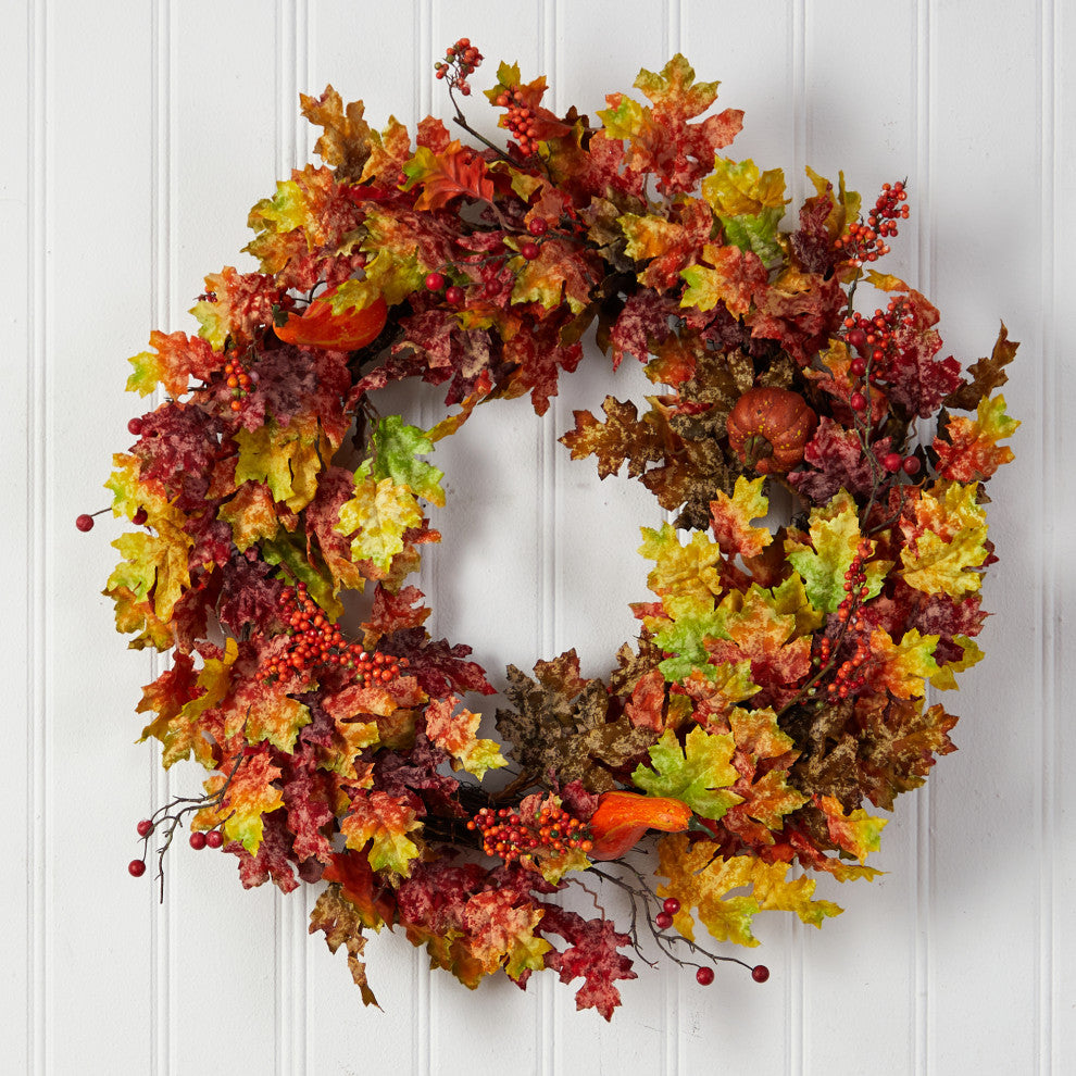 32" Autumn Oak Leaf, Berries and Pumpkin Artificial Autumn Wreath