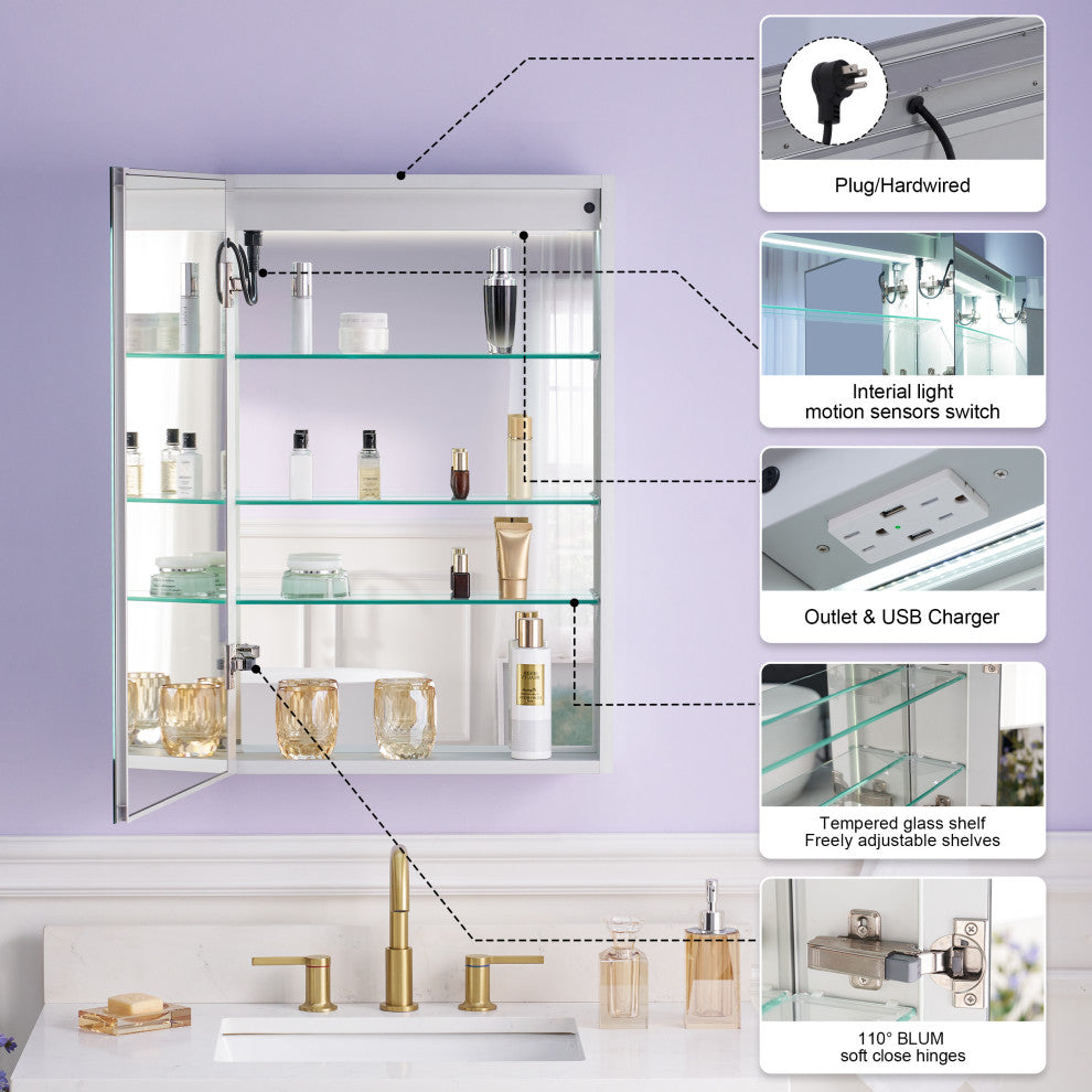 Recessed/Surface Mount LED Medicine Cabinet Mirror with Defogger, 20"x30" Left Hinge