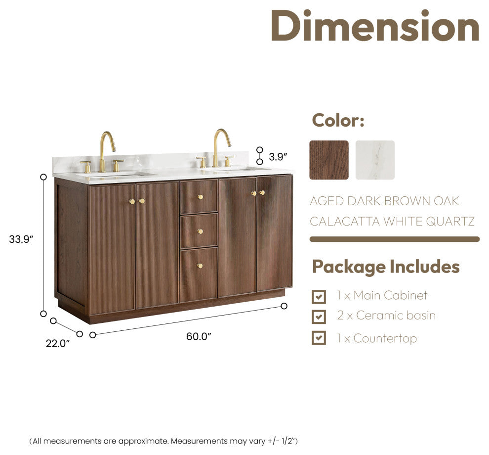 Oza Bath Vanity with Quartz Stone Top, Aged Dark Brown Oak, 60", Double Vanity, No Mirror