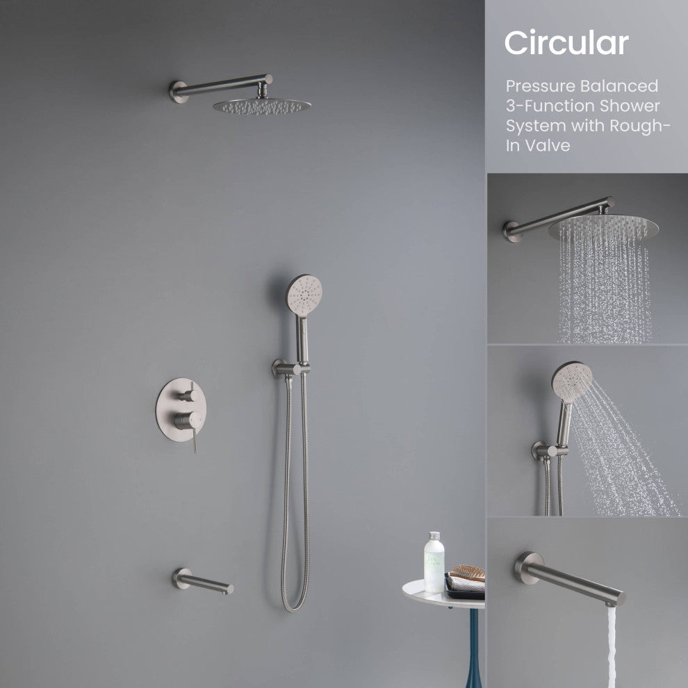 Circular Pressure 3-Function Shower System, Rough-In Valve, Brushed Nickel