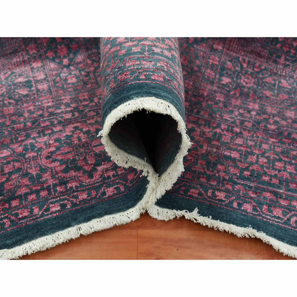 Dark Green Obscured Mamluk Design Wool and Silk Hand Knotted Rug, 8'0"x9'9"