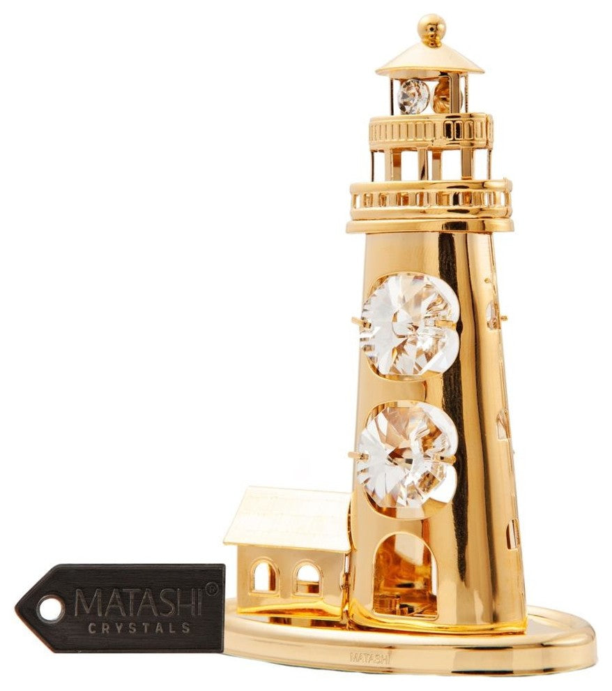 24K Gold Plated Crystal Studded Lighthouse Ornament With Clear Crystals