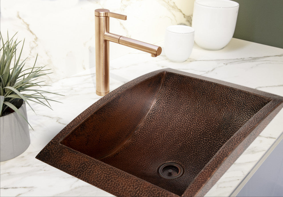 20" Rectangular Apron Curved Bottom Hammered Copper Bathroom Sink, 17 Gauge