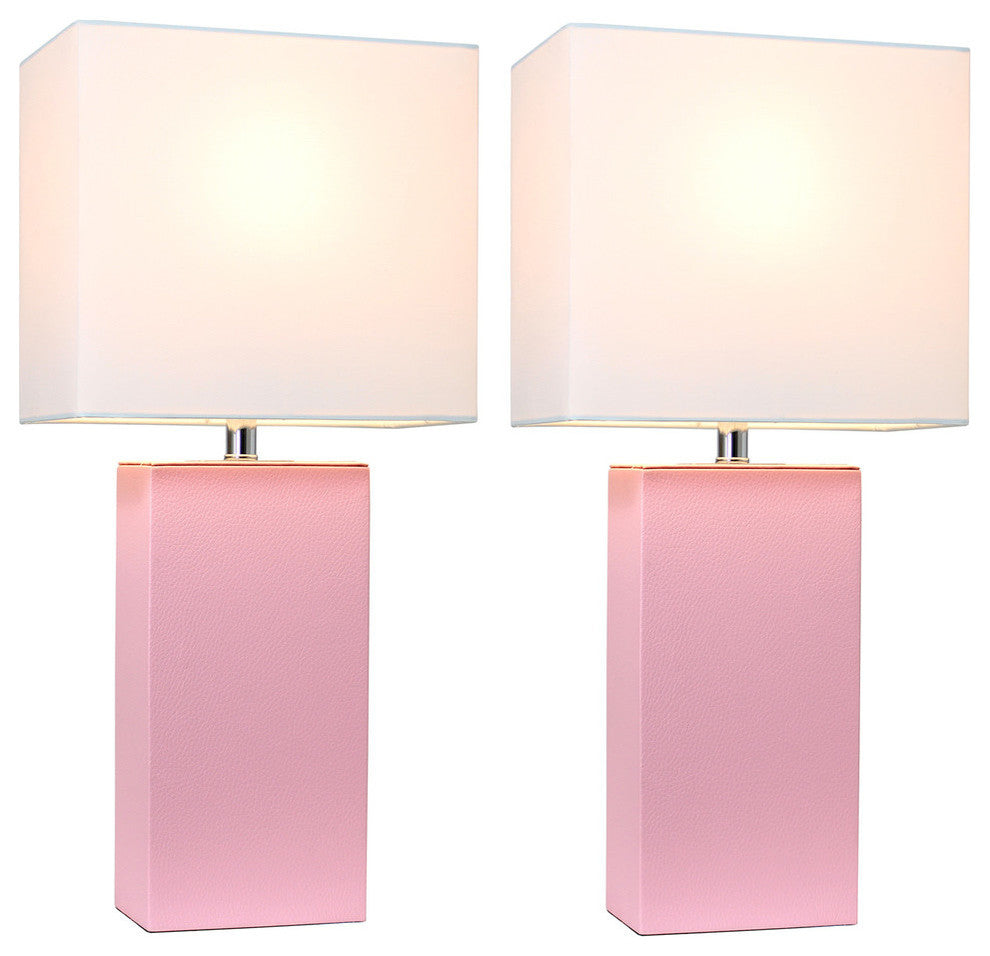 Elegant Designs Set of 2 Modern Leather Table Lamps, White Fabric Shades, Pink