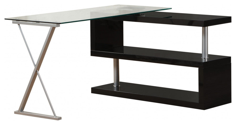 HomeRoots 55" X 47" X 30" Black High Gloss and Clear Glass Office Desk