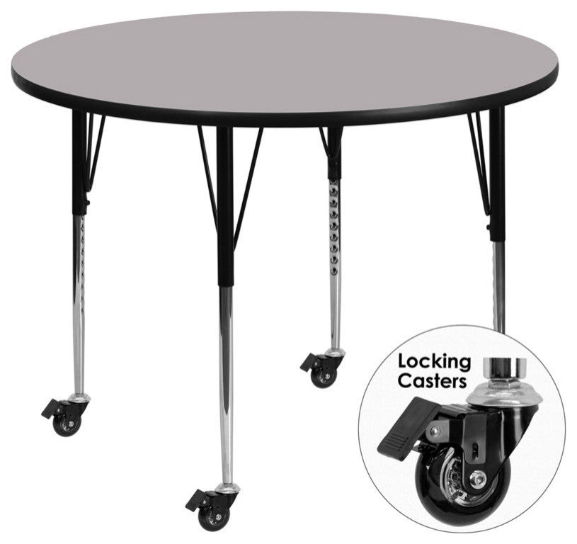 Mobile 60" Round Gray Thermal Laminate Activity Table Adjustable Legs