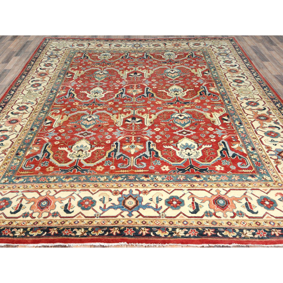 Soft Red Dense Weave Pure Wool Hand Knotted Bijar Garus Design Rug, 9'0"x12'0"