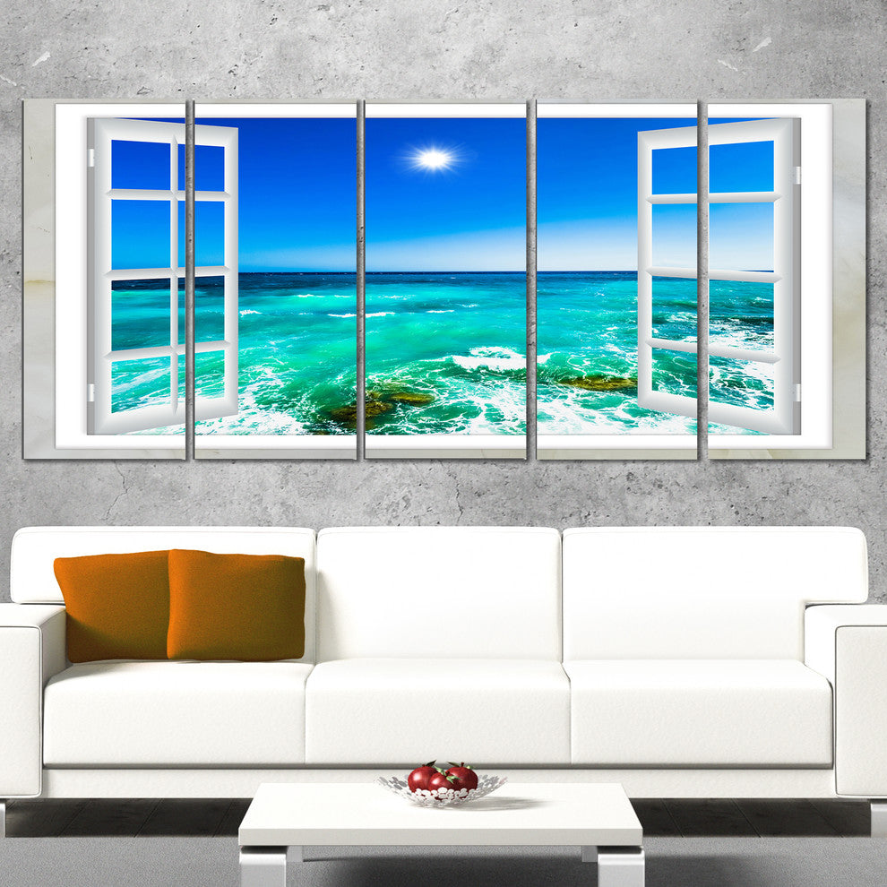 "Open Window To Wavy Ocean" Seashore Canvas Art, 5 Panels, 60"x28"