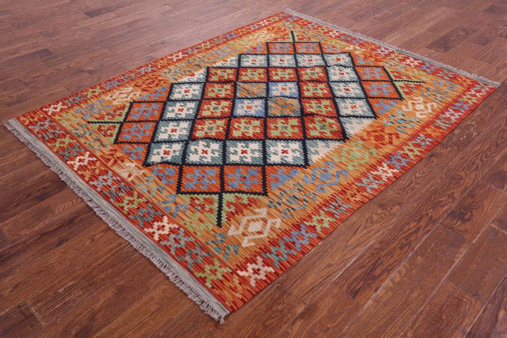 5' 2" X 6' 7" Wool On Wool Kilim Flat Weave Reversible Rug Q9483