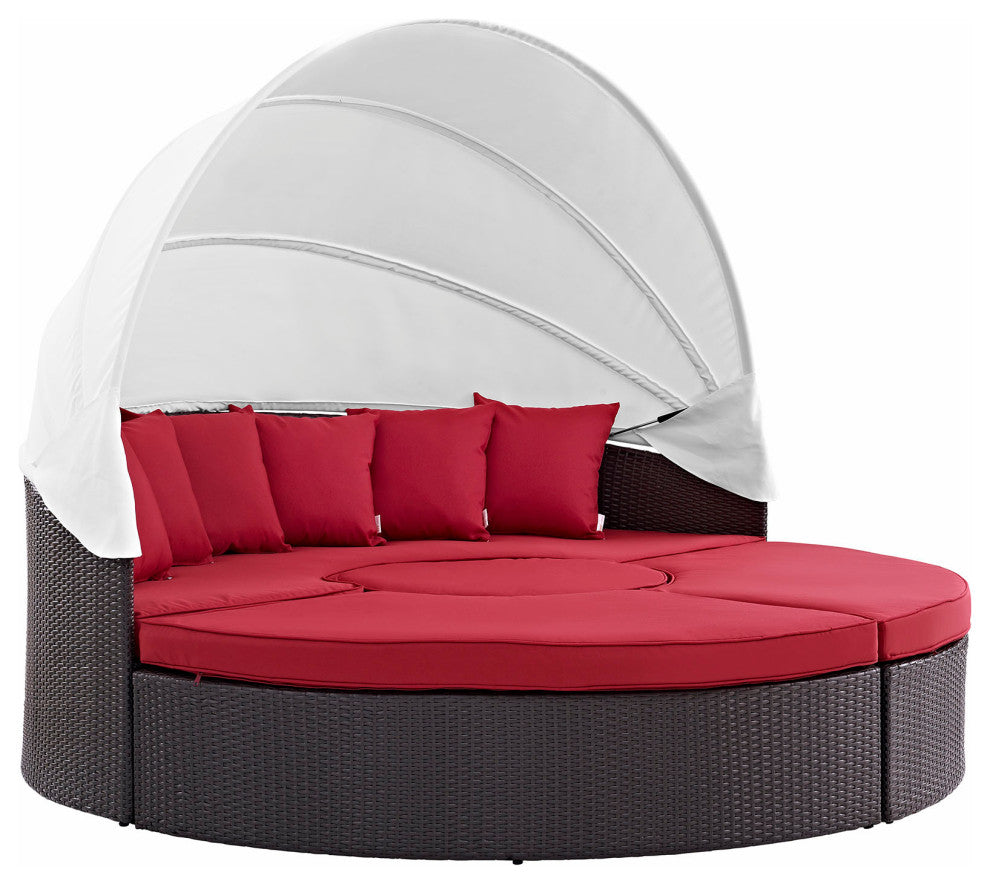 Convene Canopy Outdoor Wicker Rattan Daybed, Espresso Red